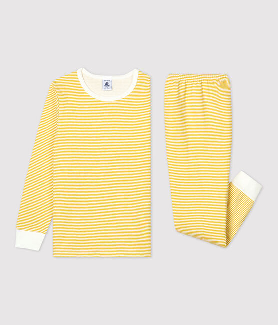 Kinderpyjama aus Bio-Baumwolle mit gelben Ringelstreifen gelb OCRE/weiss MARSHMALLOW